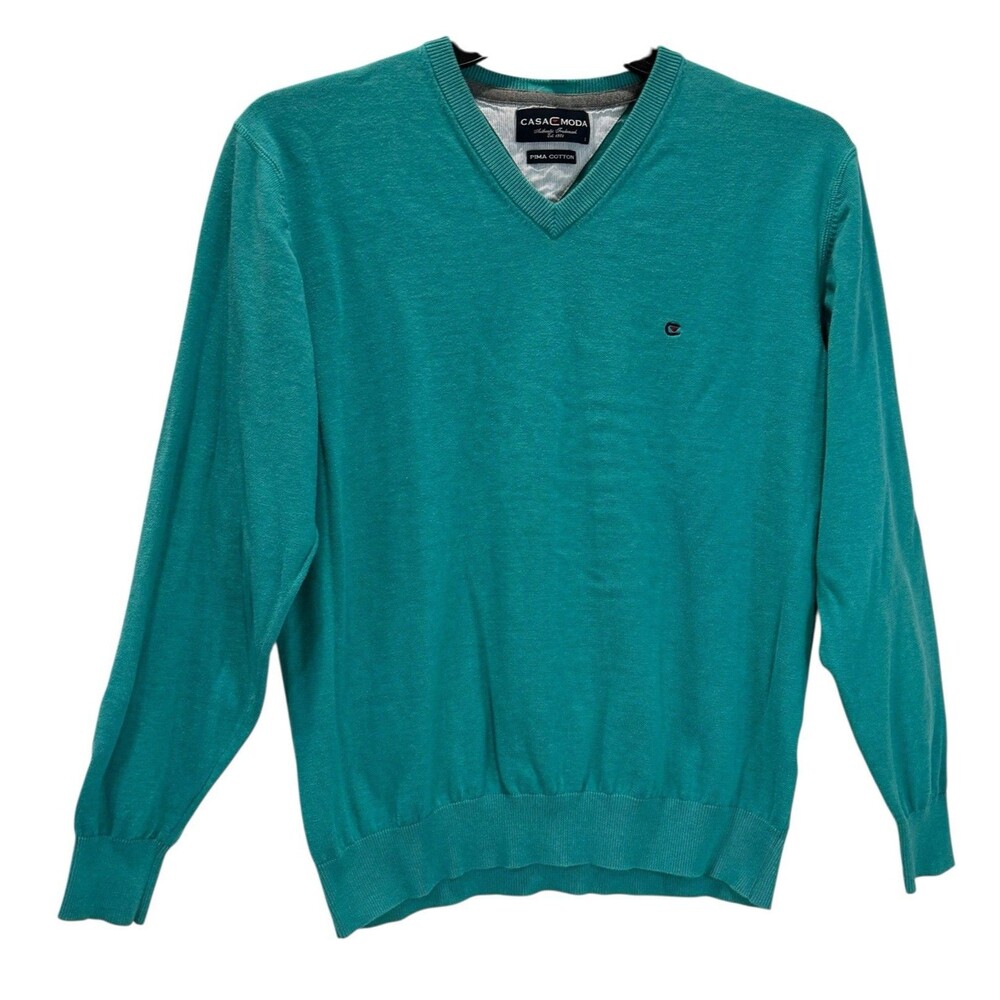 CASA MODA Sweater Mens L Pima Cotton Pullover V-Neck Aqua Blue Green Shirt Large